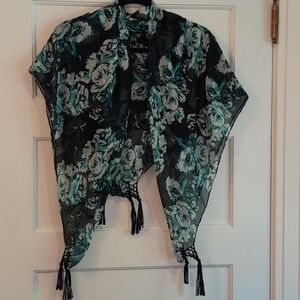 Sheer Floral Scarf Shawl Kimono Navy Blue Teal White Rose Tassel Fringe Boho